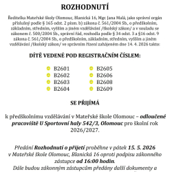 Rozhodnutí o přijetí - výsledky přijímacího řízení na školní rok 2026/2027